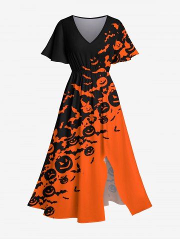 Plus Size Halloween Costume Pumpkin Hat Bat Two Tone Colorblock Print Split Midi Dress - RED - 2X