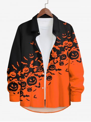 Plus Size Halloween Pumpkin Hat Bat Two Tone Colorblock Print Buttons Long Sleeve Shirt For Men - RED - M