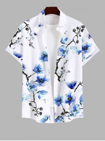 Plus Size Peach Blossom Flower Branch Watercolor Print Buttons Pocket Hawaii Shirt For Men - WHITE - M