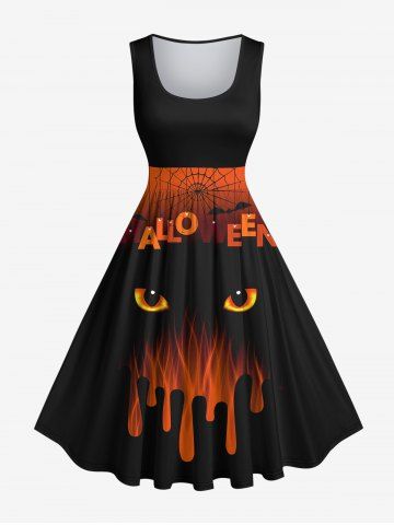 Plus Size Halloween Costume Bat Spider Web Ombre Eyes Flame Colorblock Print 1950s Vintage Dress - BLACK - L