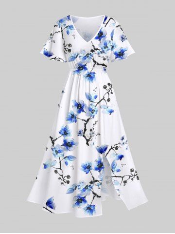 Plus Size Peach Blossom Flower Branch Watercolor Print Split Hawaii Midi Dress - WHITE - L