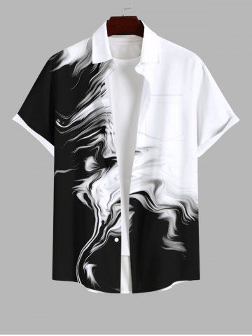 Plus Size Two Tone Smog Ink Painting Watercolor Print Buttons Pocket Hawaii Shirt For Men