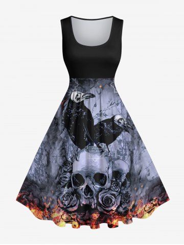 Plus Size Distressed Crow Skull Rose Flower Fire Flame Print Halloween Costume Vintage Swing A Line Dress - BLACK - 6X