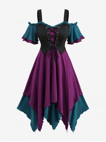 Gothic Plus Size Cold Shoulder Lace Up Layered Handkerchief Asymmetric Corset Dress - MULTI-F - 1X | US 14-16