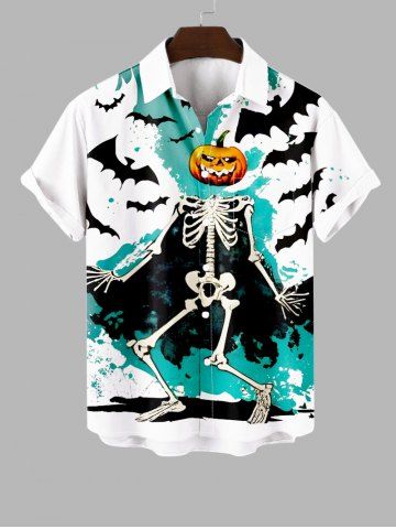 Plus Size Pumpkin Skeleton Bat Painting Splatter Print Halloween Button Pocket Shirt For Men - WHITE - S