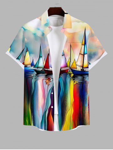 Plus Size Watercolor Tie Dye Colorblock Sailboat Print Buttons Pocket Hawaii Shirt For Men