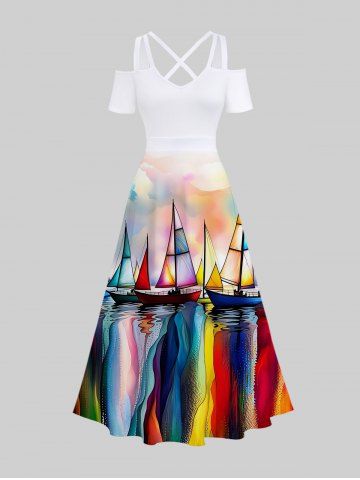 Plus Size Watercolor Tie Dye Colorblock Sailboat Print Cold Shoulder Crisscross Hawaii Maxi Dress - MULTI-A - XS