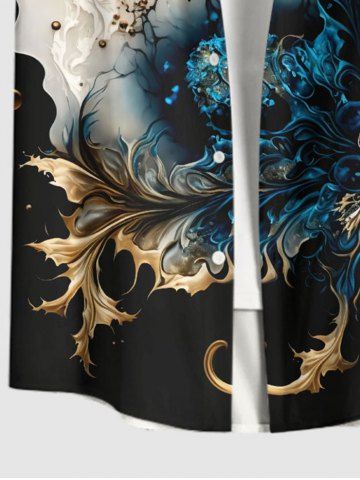 Plus Size Colorblock Metallic Floral Pearl 3D Print Buttons Pocket Hawaii Shirt For Men