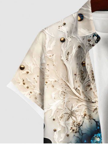 Plus Size Colorblock Metallic Floral Pearl 3D Print Buttons Pocket Hawaii Shirt For Men