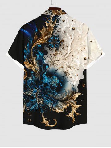 Plus Size Colorblock Metallic Floral Pearl 3D Print Buttons Pocket Hawaii Shirt For Men