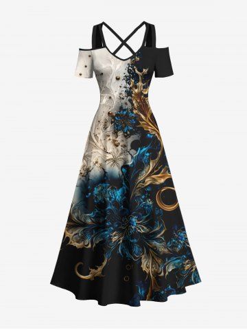 Plus Size Metallic Floral Pearl 3D Print Cold Shoulder Crisscross Hawaii Maxi Dress - MULTI-A - S