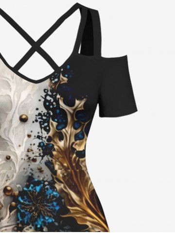 Plus Size Metallic Floral Pearl 3D Print Cold Shoulder Crisscross Hawaii Maxi Dress