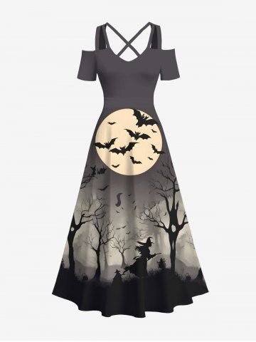 Plus Size Halloween Costume Bat Moon Tree Wazird Print Cold Shoulder Crisscross Maxi Dress - GRAY - 4X