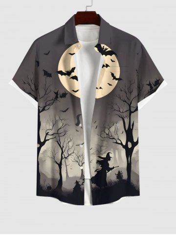 Plus Size Halloween Bat Moon Tree Wazird Print Buttons Pocket Shirt For Men - GRAY - 4XL
