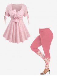 Twist Bowknot Textured Jacquard Top and 3D Faux Pearl Ombre Rose Flower Print Leggings Plus Size Outfit -  
