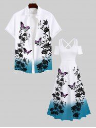 Floral Leaf Branch Butterfly Print Plus Size Matching Hawaii Ombre Beach Outfit For Couples -  