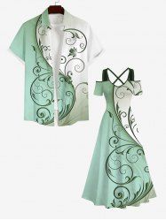 Curved Line Floral Two Tone Print Plus Size Matching Hawaii Beach Outfit For Couples -  