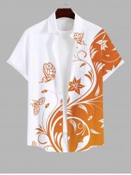 Plus Size Curved Line Floral Butterfly Two Tone Print Hawaii Button Pocket Shirt For Men -  