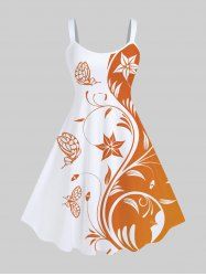 Plus Size Curved Line Floral Butterfly Two Tone Print Hawaii A Line Tank Dress -  