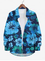 Plus Size Tropical Hibiscus Flower Print Buttons Pocket Long Sleeve Hawaii Shirt For Men -  
