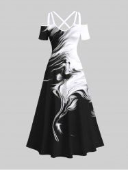 Plus Size Two Tone Smog Ink Painting Watercolor Print Cold Shoulder Crisscross Hawaii Maxi Dress -  