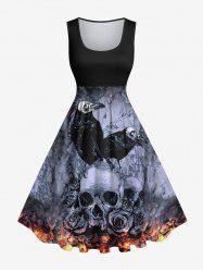 Plus Size Distressed Crow Skull Rose Flower Fire Flame Print Halloween Costume Vintage Swing A Line Dress -  