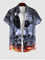 Plus Size Distressed Crow Skull Rose Flower Fire Flame Print Halloween Button Pocket Shirt For Men -  