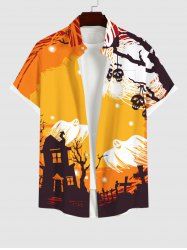 Plus Size Ghost Swallow Castle Tree Cross Skull Print Halloween Button Pocket Shirt For Men -  