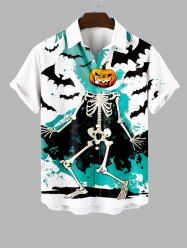 Plus Size Pumpkin Skeleton Bat Painting Splatter Print Halloween Button Pocket Shirt For Men -  