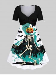 Robe D'Halloween Citrouille Chauve-souris et Squelette Imprimés Ligne A de Grande Taille - Noir S