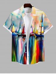 Plus Size Watercolor Tie Dye Colorblock Sailboat Print Buttons Pocket Hawaii Shirt For Men -  