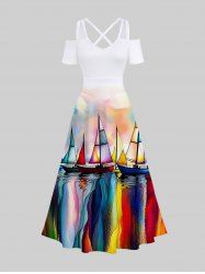 Plus Size Watercolor Tie Dye Colorblock Sailboat Print Cold Shoulder Crisscross Hawaii Maxi Dress -  