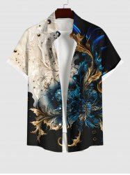Plus Size Colorblock Metallic Floral Pearl 3D Print Buttons Pocket Hawaii Shirt For Men -  