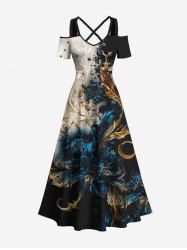 Plus Size Metallic Floral Pearl 3D Print Cold Shoulder Crisscross Hawaii Maxi Dress -  