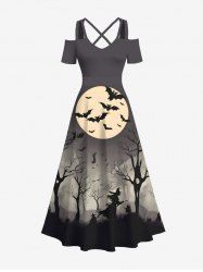 Plus Size Halloween Costume Bat Moon Tree Wazird Print Cold Shoulder Crisscross Maxi Dress -  