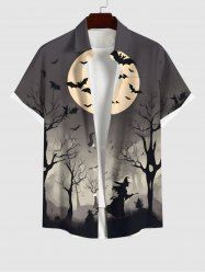 Plus Size Halloween Bat Moon Tree Wazird Print Buttons Pocket Shirt For Men -  