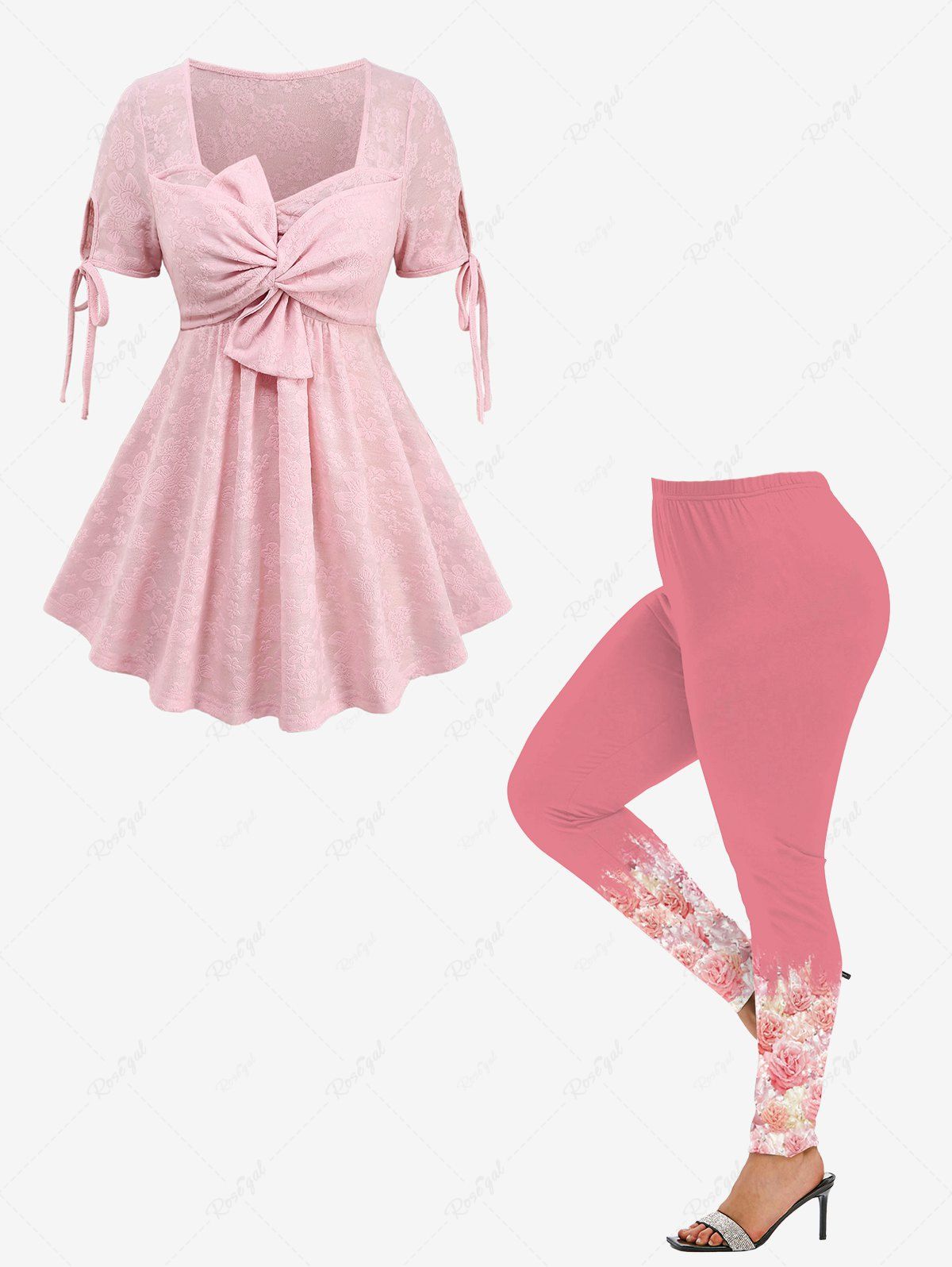 Unique Twist Bowknot Textured Jacquard Top and 3D Faux Pearl Ombre Rose Flower Print Leggings Plus Size Outfit  