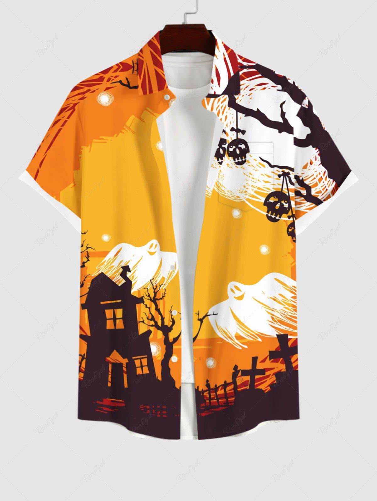Store Plus Size Ghost Swallow Castle Tree Cross Skull Print Halloween Button Pocket Shirt For Men  