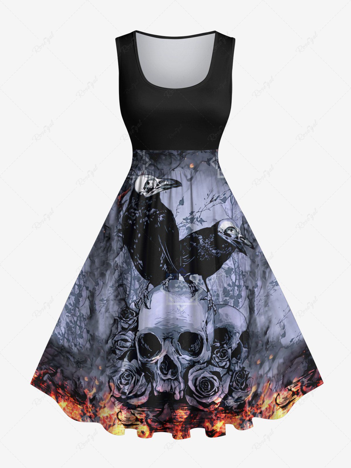 Shops Plus Size Distressed Crow Skull Rose Flower Fire Flame Print Halloween Costume Vintage Swing A Line Dress  