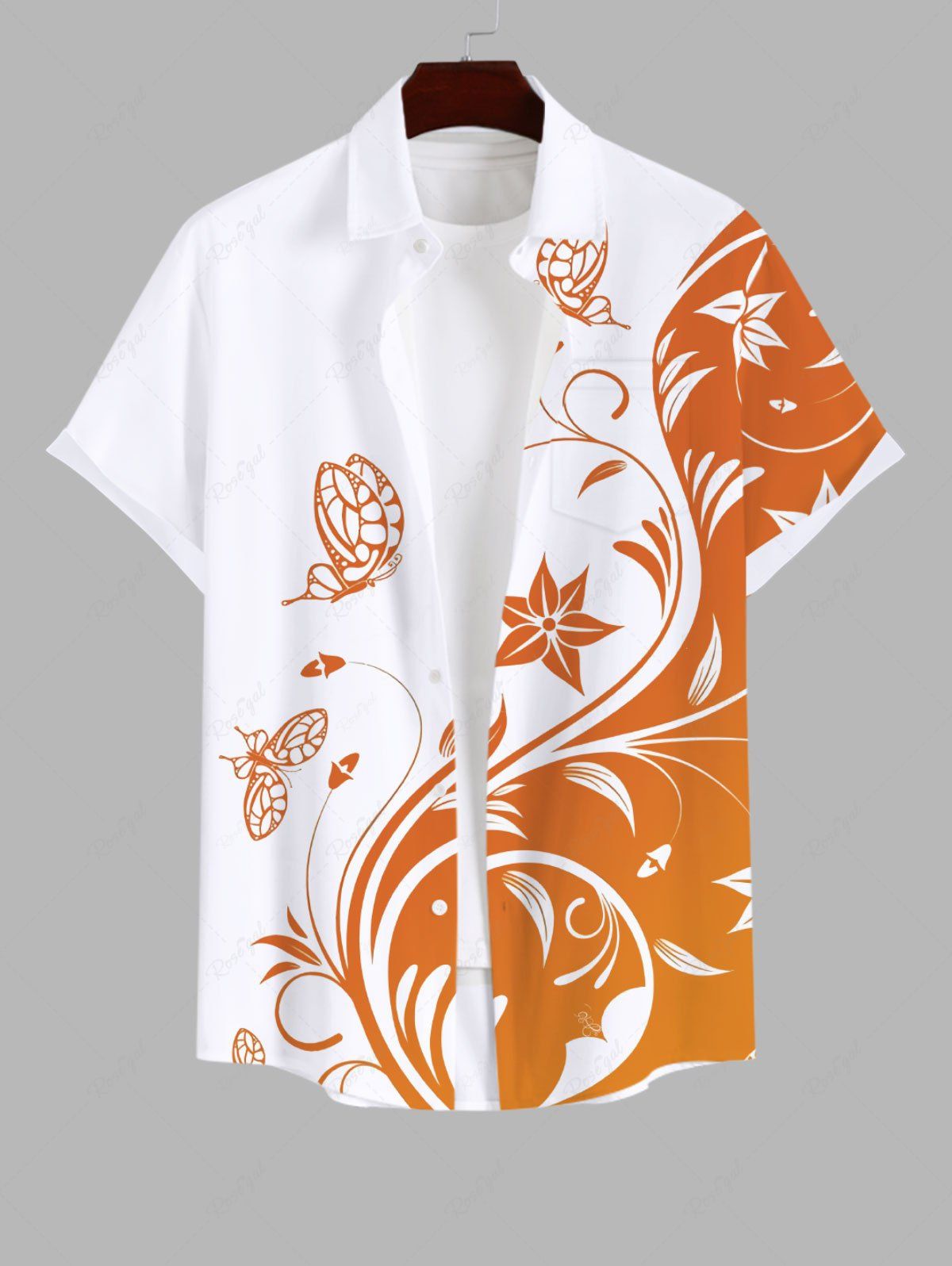 Shops Plus Size Curved Line Floral Butterfly Two Tone Print Hawaii Button Pocket Shirt For Men  