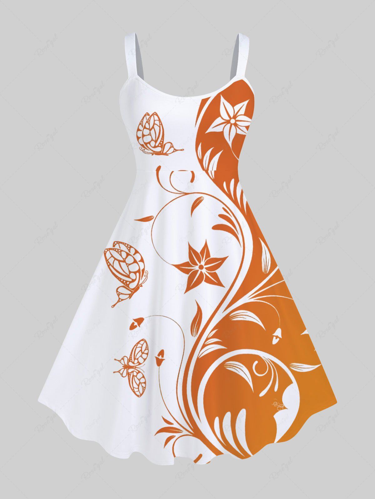 Outfit Plus Size Curved Line Floral Butterfly Two Tone Print Hawaii A Line Tank Dress  