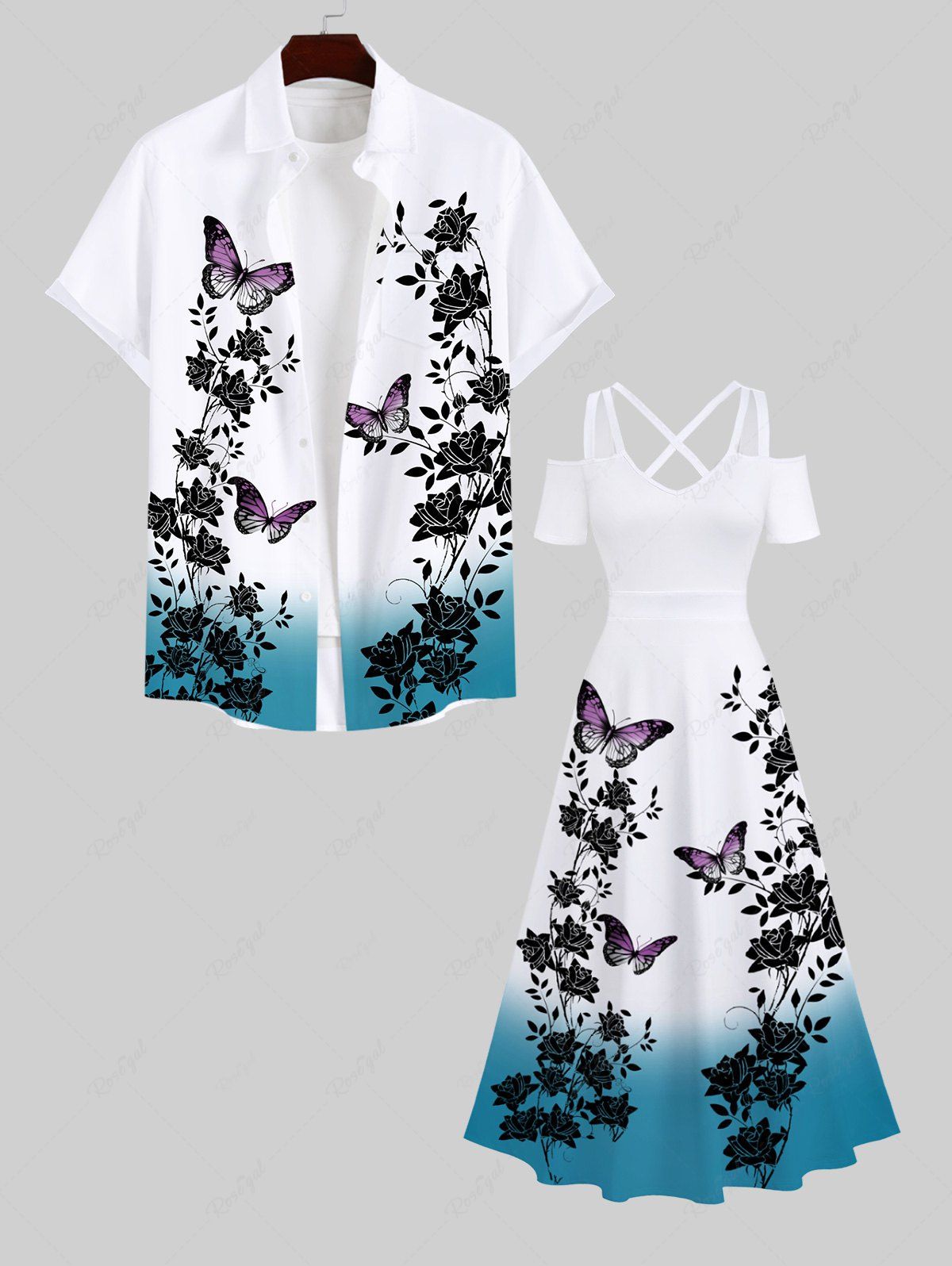 Buy Floral Leaf Branch Butterfly Print Plus Size Matching Hawaii Ombre Beach Outfit For Couples  