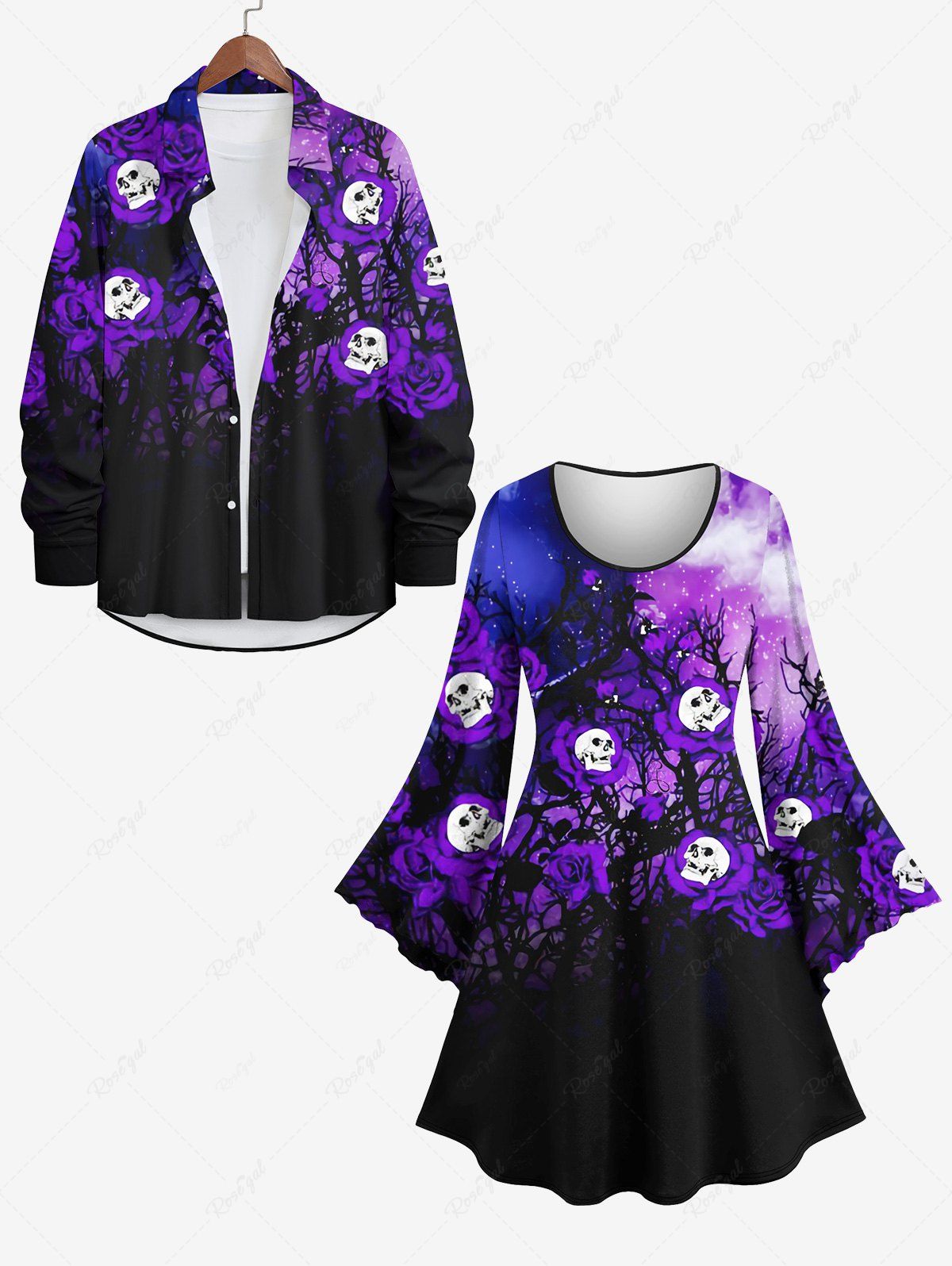 Online Halloween Costume Skull Rose Flower Tree Branch Galaxy Print Plus Size Matching Set For Couples  