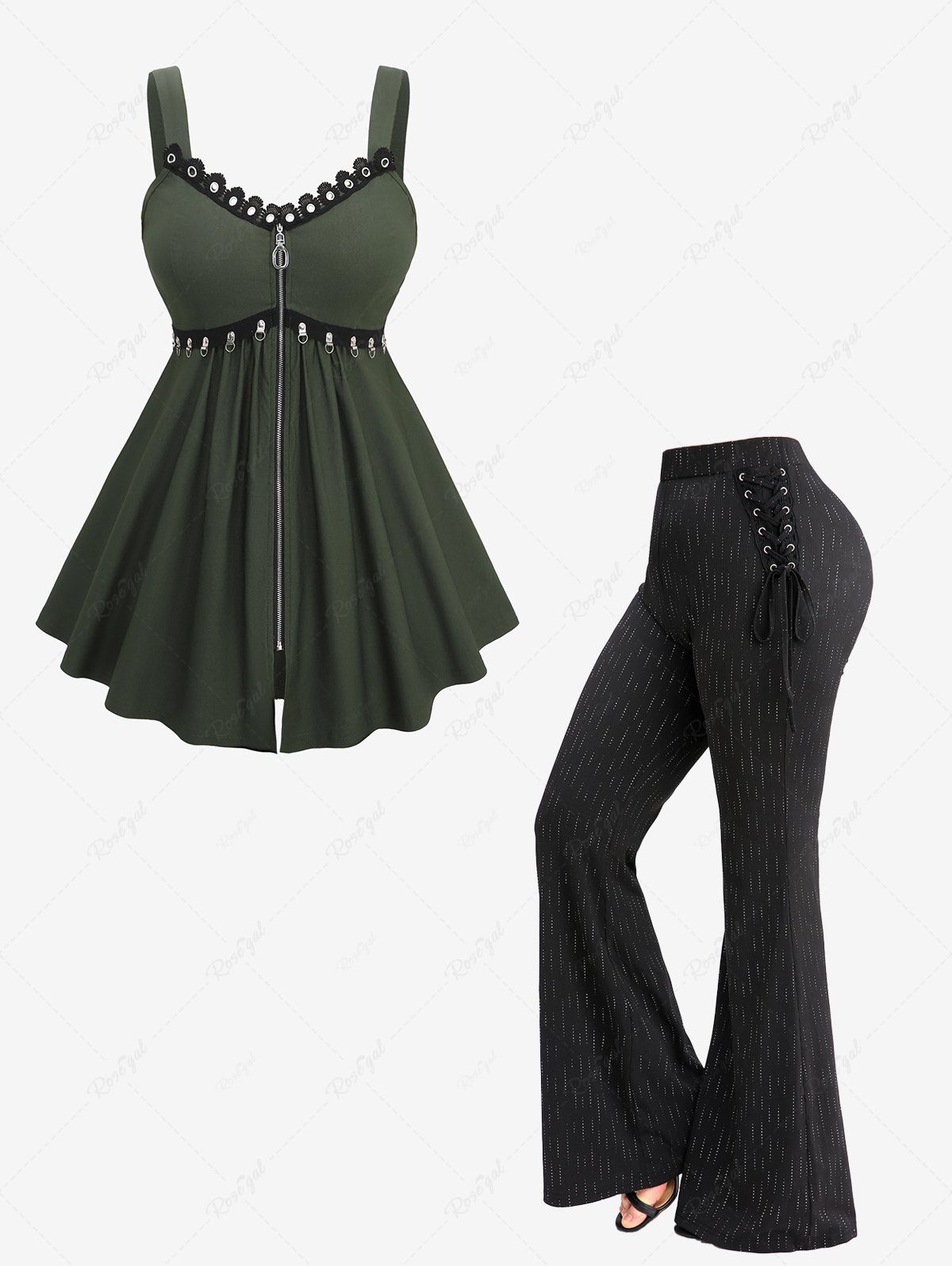 Shops Zipper Hook and Eye Solid Tank Top and Glitter Line Insert Lace Up Flare Pants Plus Size Outfit  