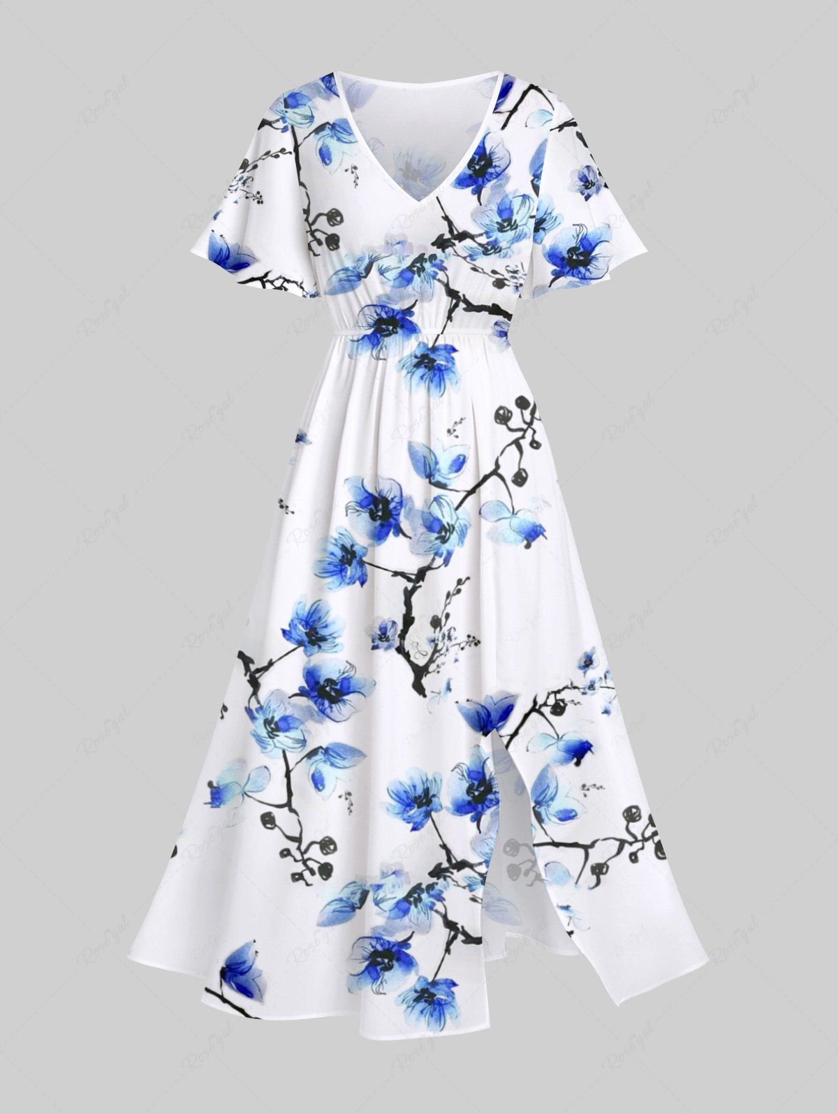 Shops Plus Size Peach Blossom Flower Branch Watercolor Print Split Hawaii Midi Dress  