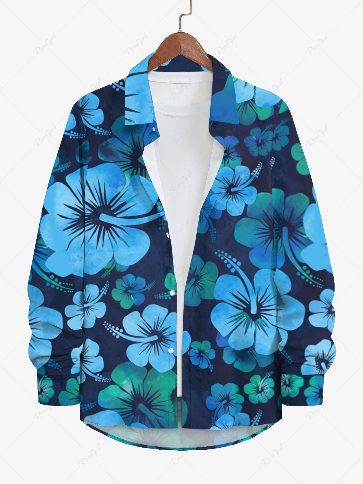 New Plus Size Tropical Hibiscus Flower Print Buttons Pocket Long Sleeve Hawaii Shirt For Men  