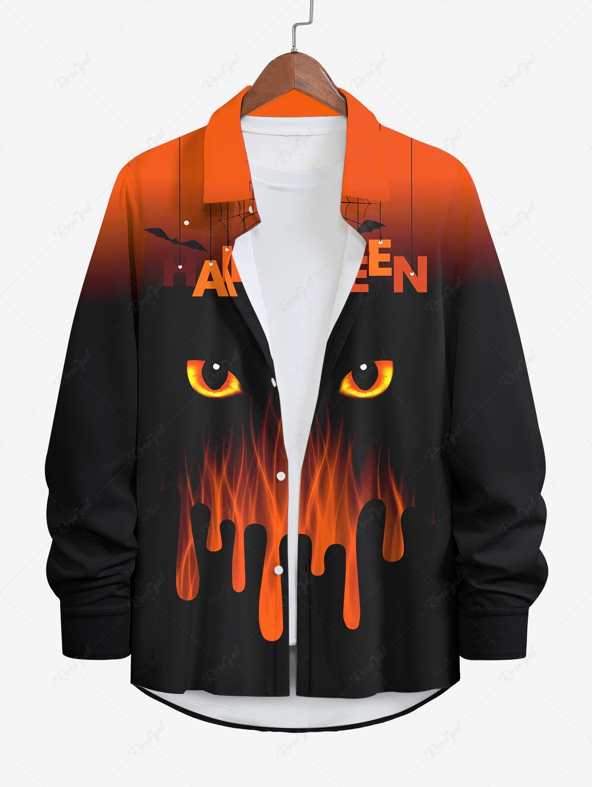 Sale Plus Size Halloween Bat Spider Web Ombre Eyes Flame Colorblock Printed Buttons Long Sleeve Shirt For Men  