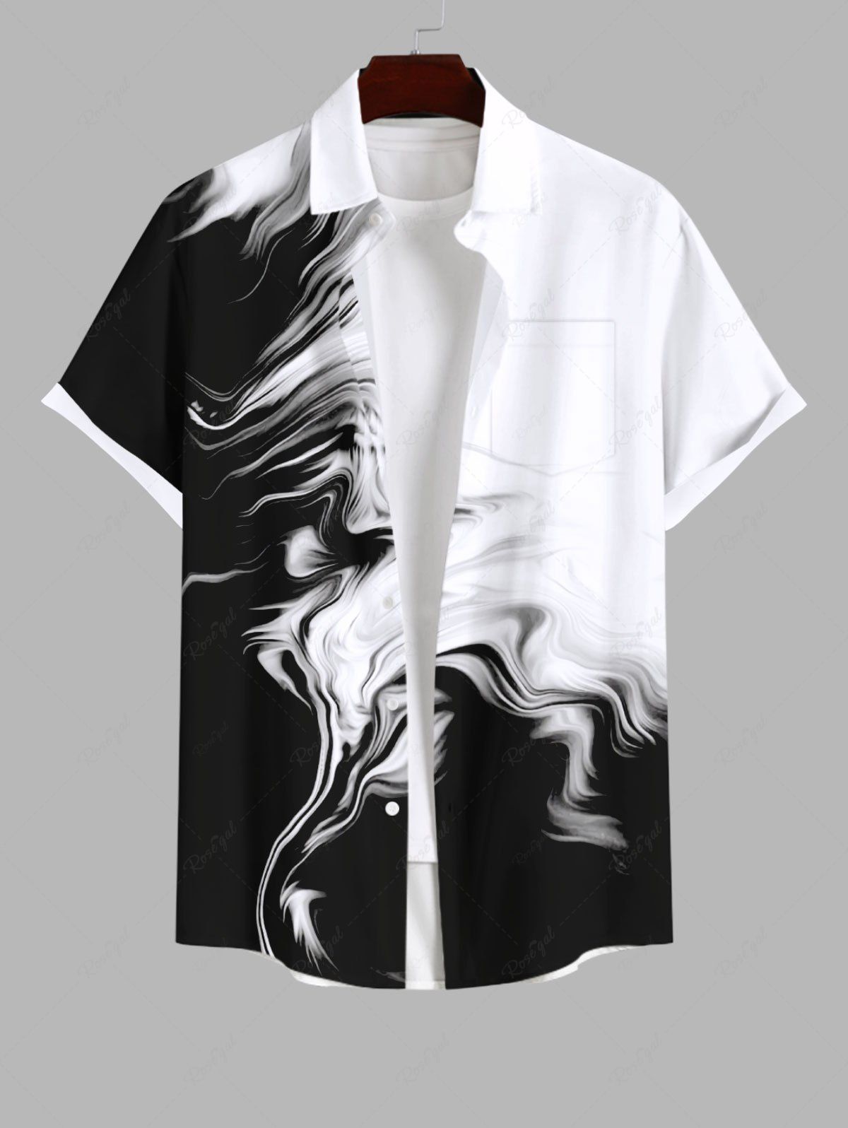 Chic Plus Size Two Tone Smog Ink Painting Watercolor Print Buttons Pocket Hawaii Shirt For Men  