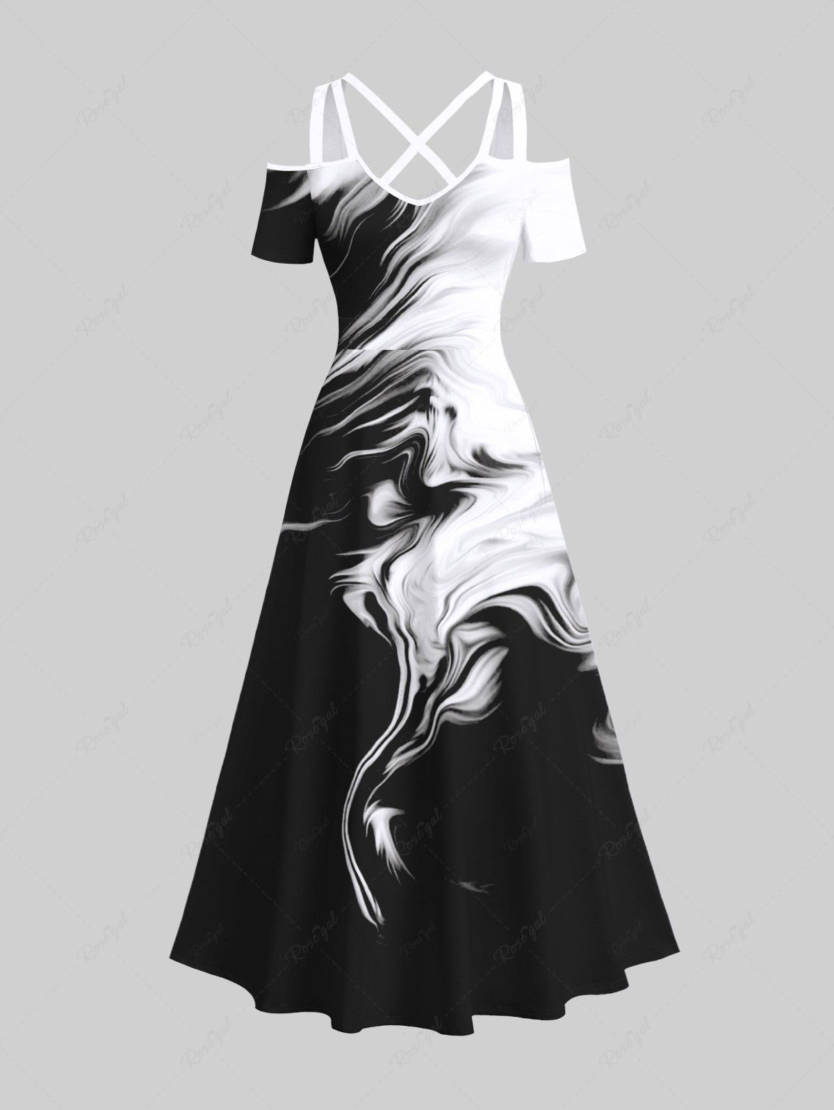 Hot Plus Size Two Tone Smog Ink Painting Watercolor Print Cold Shoulder Crisscross Hawaii Maxi Dress  