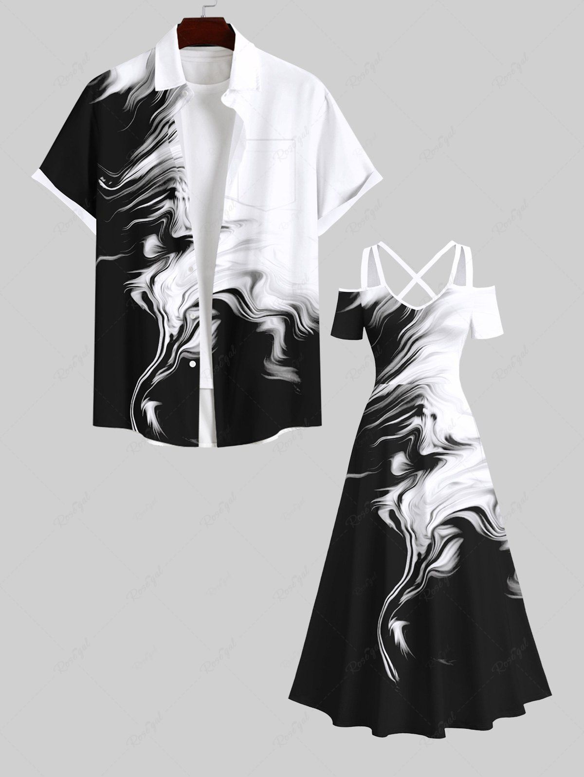 Discount Two Tone Smog Ink Painting Watercolor Print Plus Size Matching Hawaii Beach Outfit For Couples  